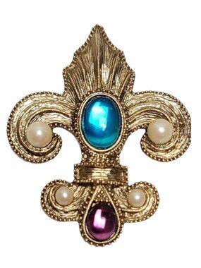 1928 Jewelry Fleur De Lis Faux Pearl Blue And Purple Rhinestone Brooch
